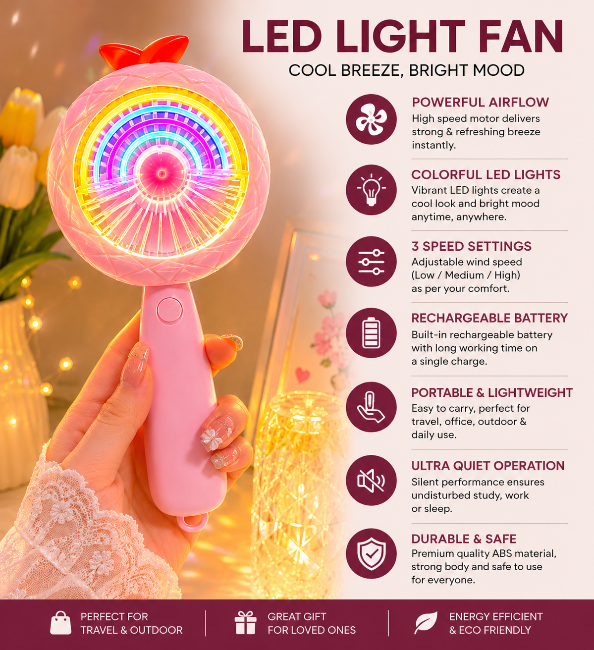 <strong>Portable Rechargeable Fan With Rainbow Lights</strong>